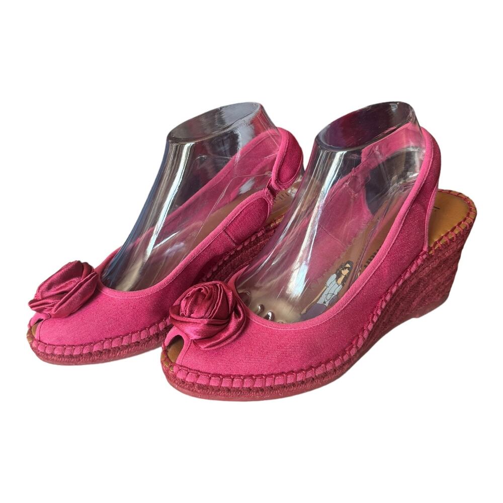Libby Edelman Curtsy Pink Denim Rosette Wedge peep toe Espadrille size 8.5 - Picture 16 of 16
